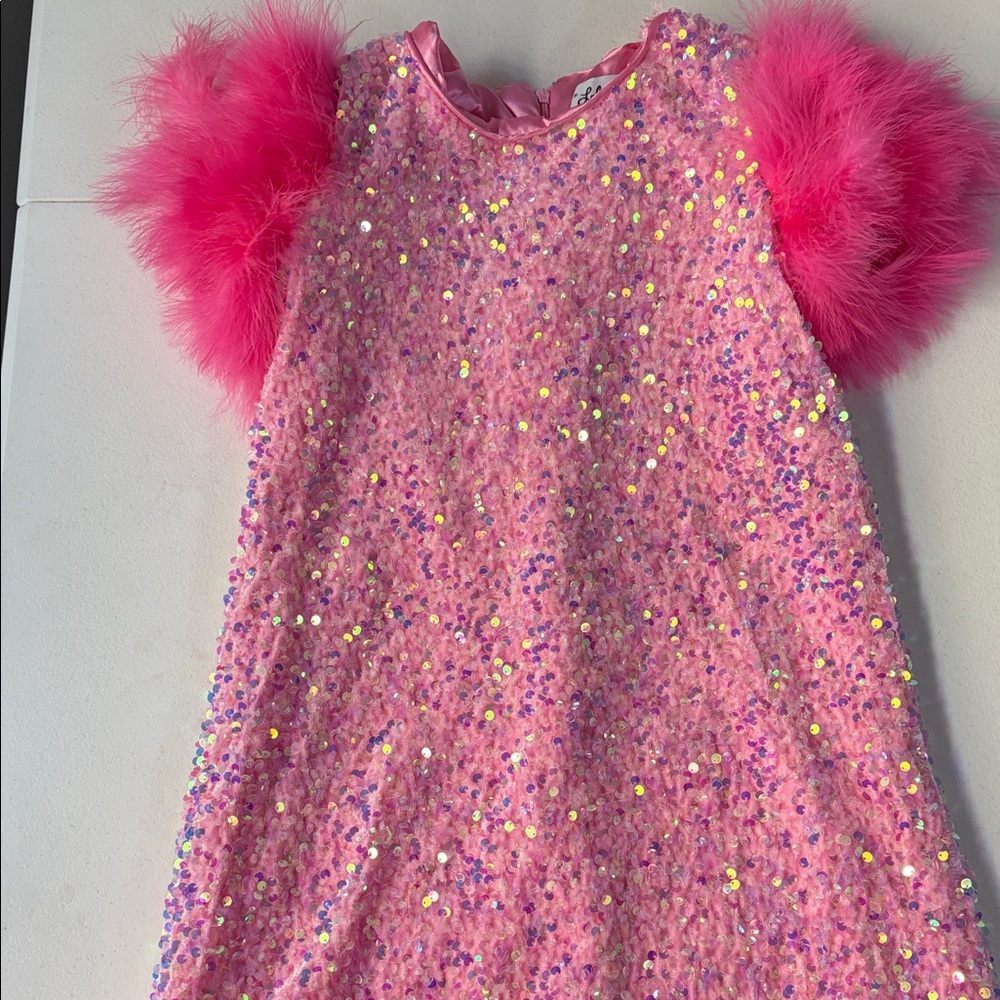 Lola & the Boys :Pink Sequin Dress with Feather Sleeves
